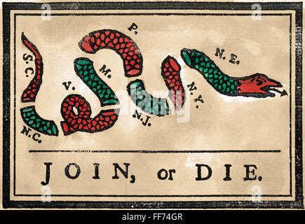 Join or Die political cartoon by Benjamin Franklin Stock Photo - Alamy