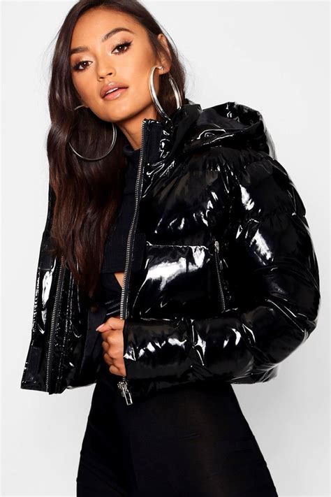 Women's Petite Hooded Crop High Shine Coat | Boohoo UK | Bubble jacket ...