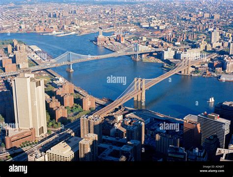 Manhattan and Brooklyn bridges over the Hudson River, New York City ...