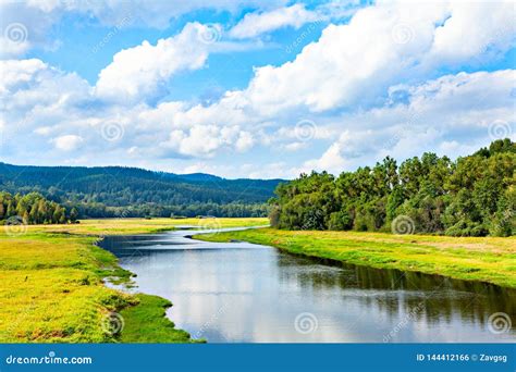 Beautiful Natural River Landscape with Forest and Hills Stock Photo ...