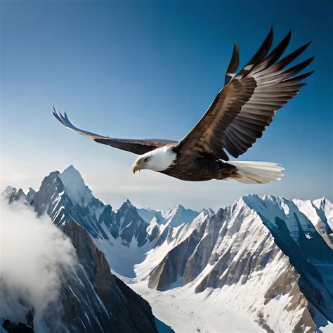 Premium Photo | A bald eagle is flying over a mountain range with snow ...