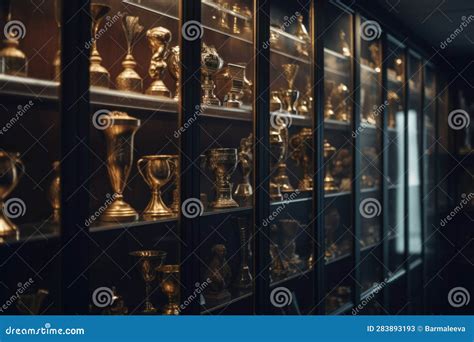 Trophy Display Case Shelf Made of Glass and Wood Full of Gold and ...