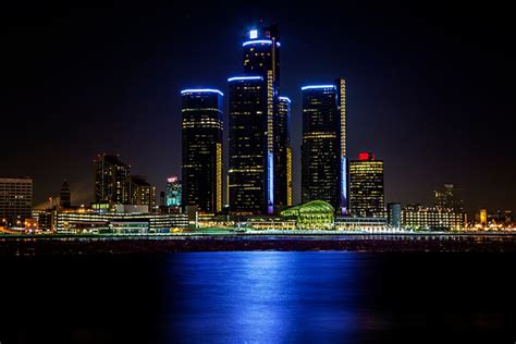 Downtown Detroit Skyline at Night - Blue Renaissance Center - Michigan ...