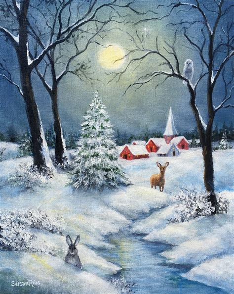 A Peaceful Snowy Night Art Print, Christmas Art, Winter Art, Snow Scene ...