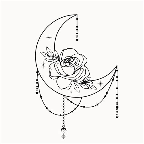 Line art of mystical decorative crescent moon with stars and rose ...