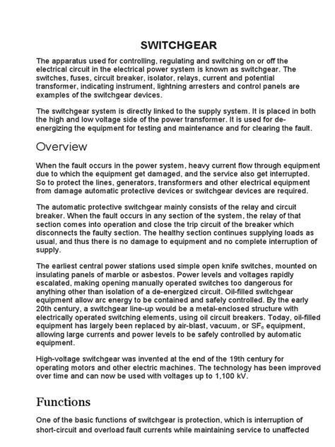 Switchgear: Functions | PDF | Transformer | Components