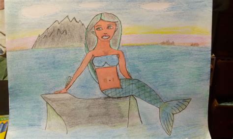 mermaid sitting on a rock. color pencil drawing