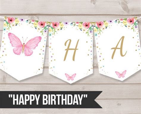 Happy Birthday Banner Butterfly Birthday Banner Floral Flowers Pink and ...