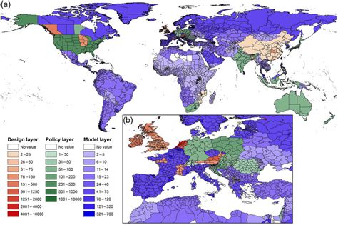 (a) World and (b) Europe maps of flood protection standards contained ...