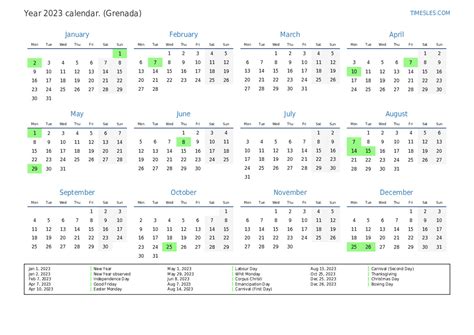 Calendar for 2023 with holidays in Grenada | Print and download calendar