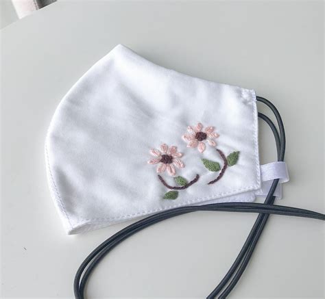 Flower Embroidery face mask with neck strap adjustable elastic - 3D ...