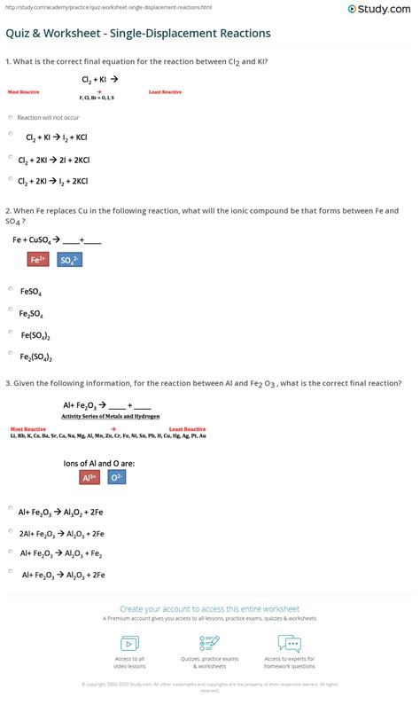 Quiz & Worksheet - Single-Displacement Reactions | Study.com