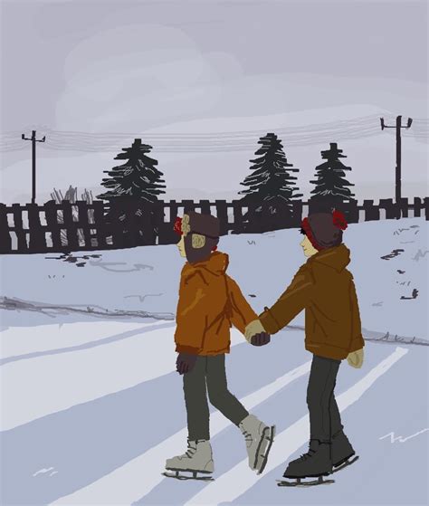 two people holding hands while skating down a snow covered road