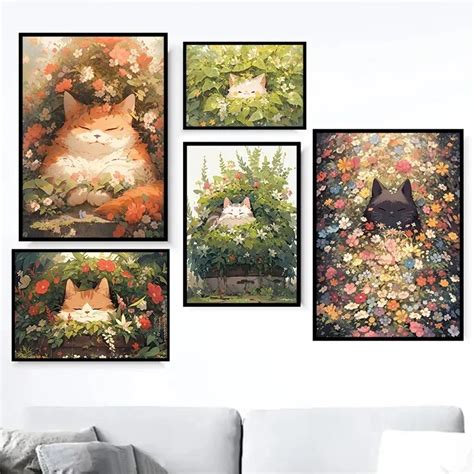 The-Cat-in-The-Garden-Canvas-Painting-Colorful-Cats-and-Flowers-Healing ...