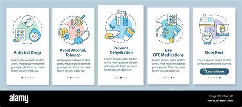 Flu treatment onboarding mobile app page screen with concepts. Hydrate ...