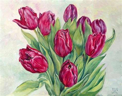 The purple tulips. Oil on canvas/cardboard. 30x24 cm. Original oil ...