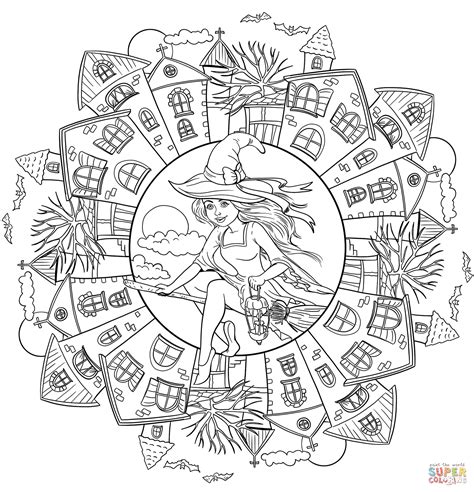 Halloween Mandala with a Witch in the Village coloring page | Free ...