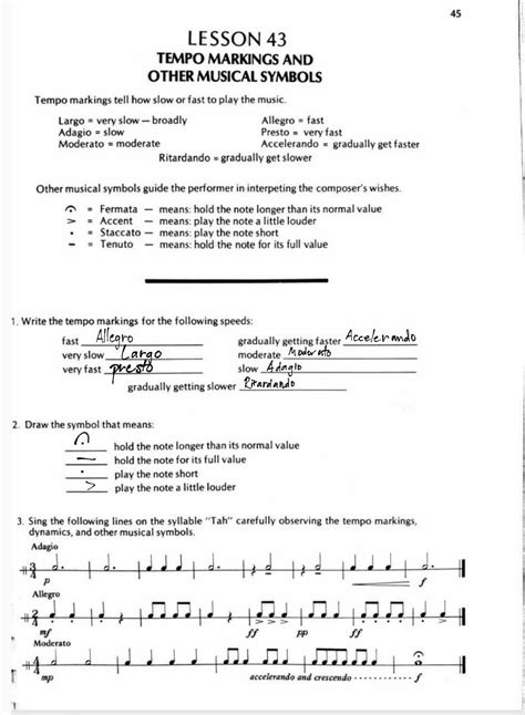 [Solved] 45 LESSON 43 TEMPO MARKINGS AND OTHER MUSICAL SYMBOLS Tempo ...