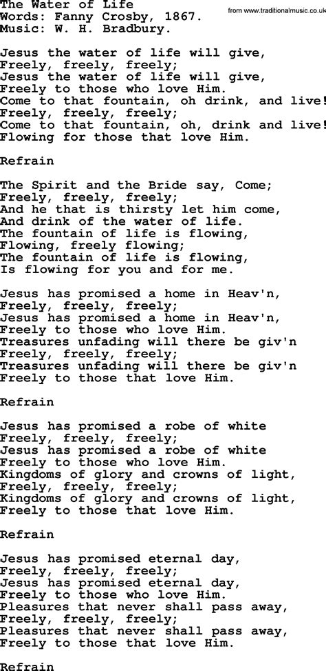 Hymns for Confirmation services, title: The Water Of Life - lyrics with PDF