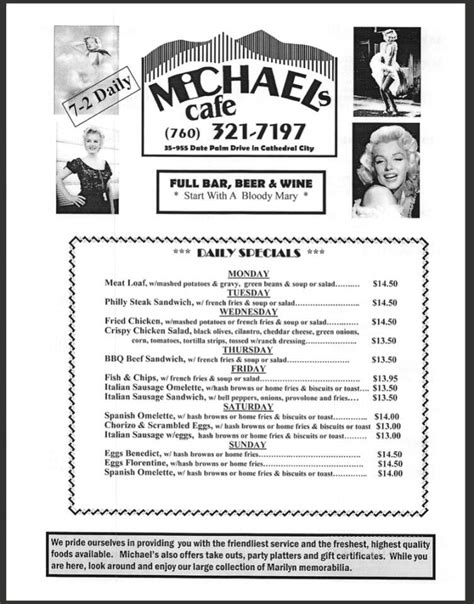 Menu of Michael's Cafe in Cathedral City, CA 92234