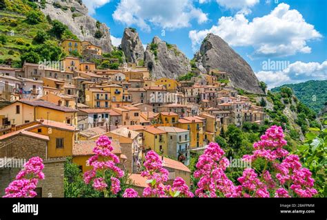 Panoramic view of Castelmezzano, province of Potenza, in the southern ...