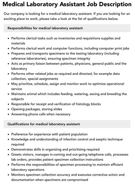 Medical Laboratory Assistant Job Description | Velvet Jobs