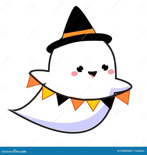 Cute Halloween Ghost in Hat. Adorable Character in Kawaii Style for ...