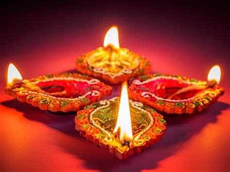 Colorful and Sparkling Clay Diya Lamps Lit for the Hindu Diwali Stock ...