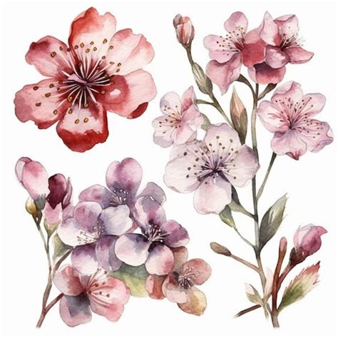 Premium AI Image | A set of watercolor cherry flowers.