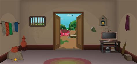 Village poor room inside with door cartoon background, Poor house room ...