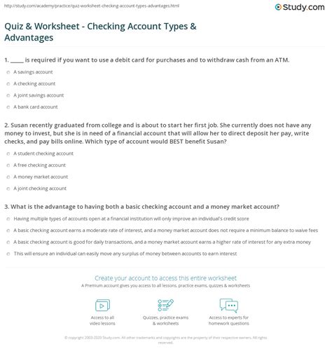 Quiz & Worksheet - Checking Account Types & Advantages | Study.com