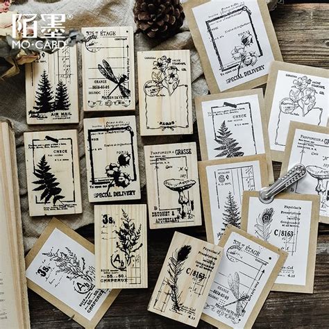 Nature Series Vintage mushroom fern plants cotton insect seal stamp ...