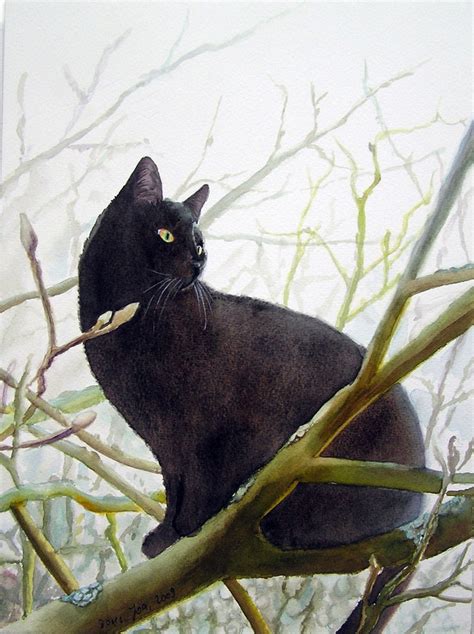 Black cat sitting in Magnoliatree - Watercolor Painting of a Cat