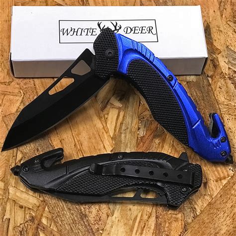 White Deer Tactical Knife with Glass Breaker Blue and Black