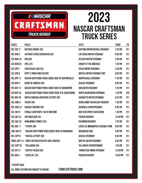 Printable 2023 NASCAR Truck Series Schedule