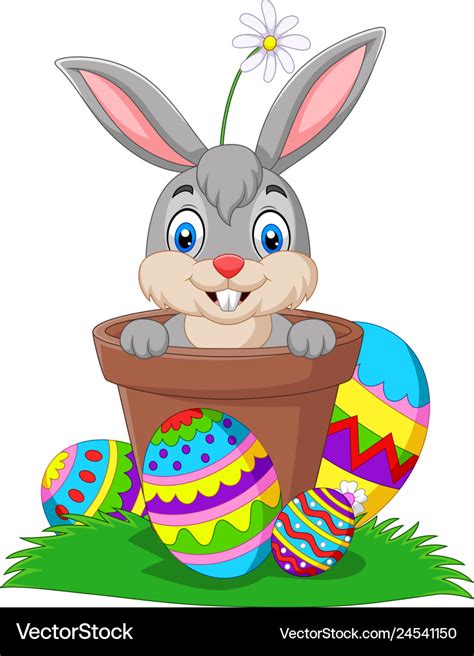 Cartoon bunny in the pot with easter eggs Vector Image