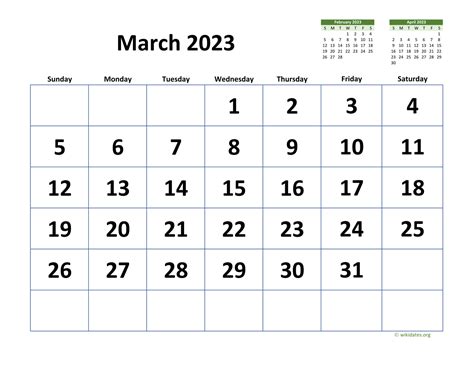 March 2023 Calendar with Extra-large Dates | WikiDates.org