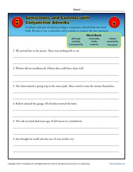 Semicolons and Commas with Conjunctive Adverbs | Punctuation Worksheets