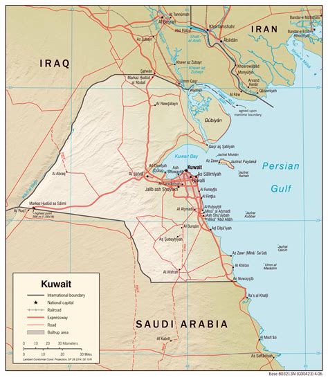 Large detailed political map of Kuwait with relief, roads and cities ...