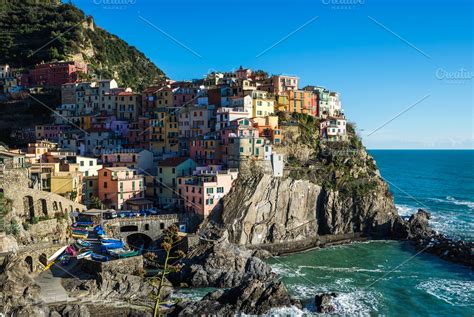 Scenic view of Manarola village ~ Architecture Photos ~ Creative Market