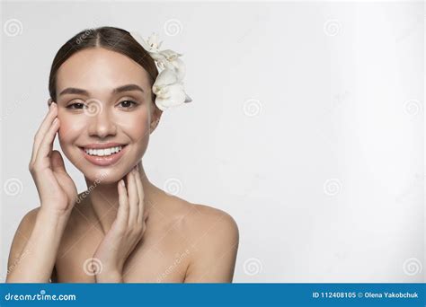 Delighted Girl is Touching Her Pure Face Stock Image - Image of copy ...