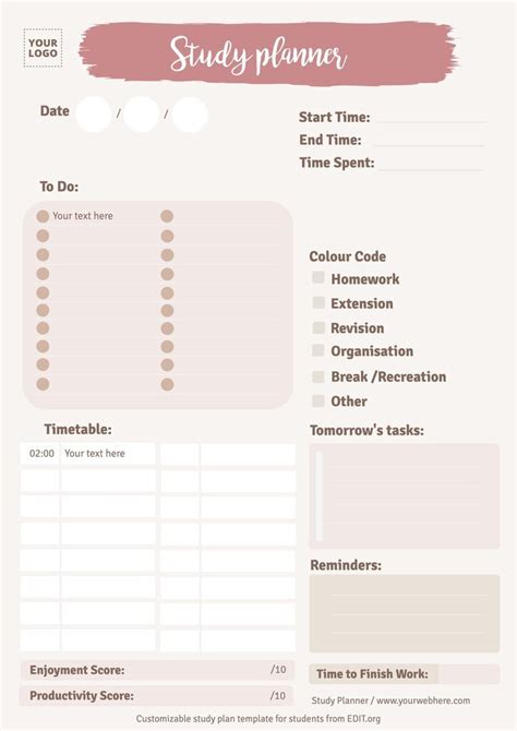 Cute Weekly Homework Calendar Template