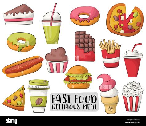 Fast food cartoon Symbole und Objekte festlegen können. Hand Vector ...