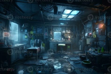 Futuristic guy room in cyberpunk dystopia concept art illustration ...