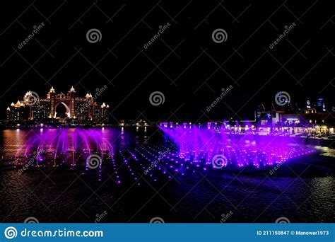 Dubai, UAE - Feb 5, 2020: Fountain at Dubai`s the Pointe at Palm ...