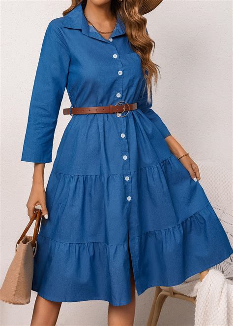 Button Belted Denim Blue Shirt Collar Dress | Rosewe.com - USD $39.98