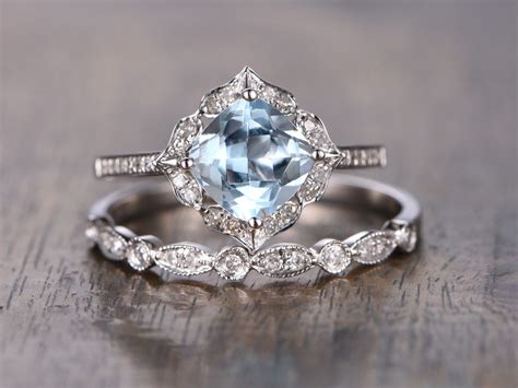 Aquamarine Ring Bridal Set 7mm Cushion Cut Vintage Floral Aquamarine ...