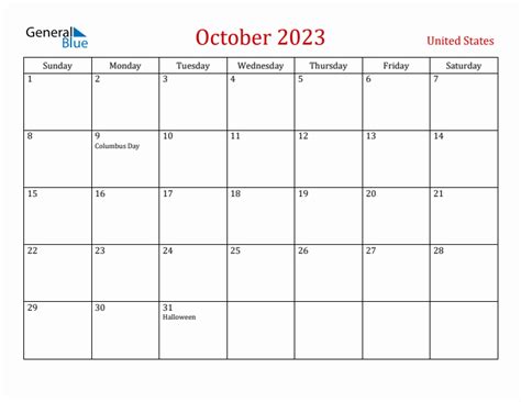 October 2023 United States Monthly Calendar with Holidays