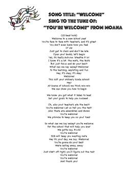 "Welcome" to the tune of "You're Welcome" from Moana by Lindsey Nicastro