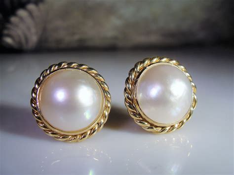 Pierced Earrings, 14K 16MM Mabe Pearl Earrings, Vintage Earrings